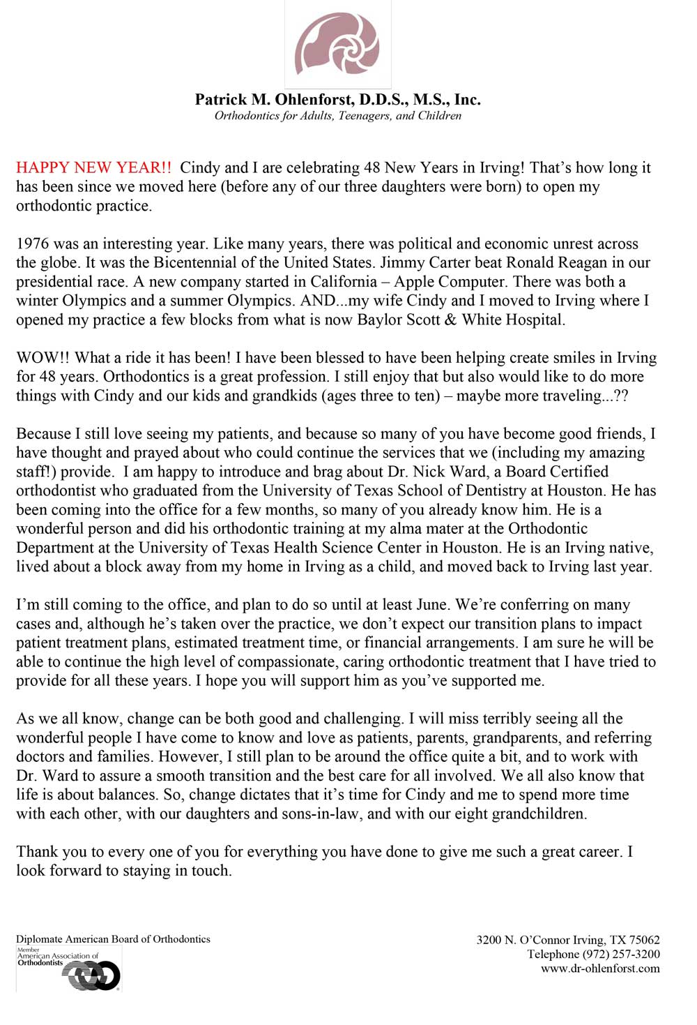 Retirement Announcement-Ward transition letter. Click to view PDF.